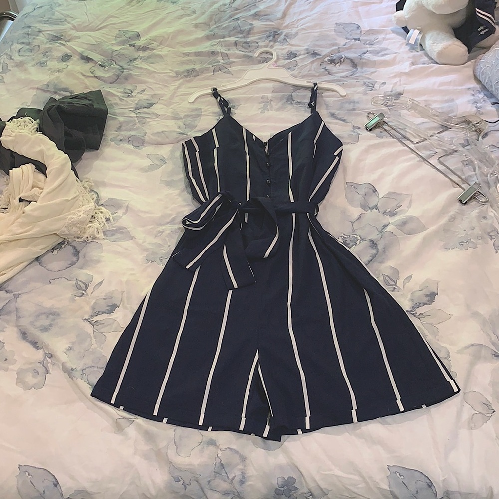 Navy blue and white stripe Romper (with belt)